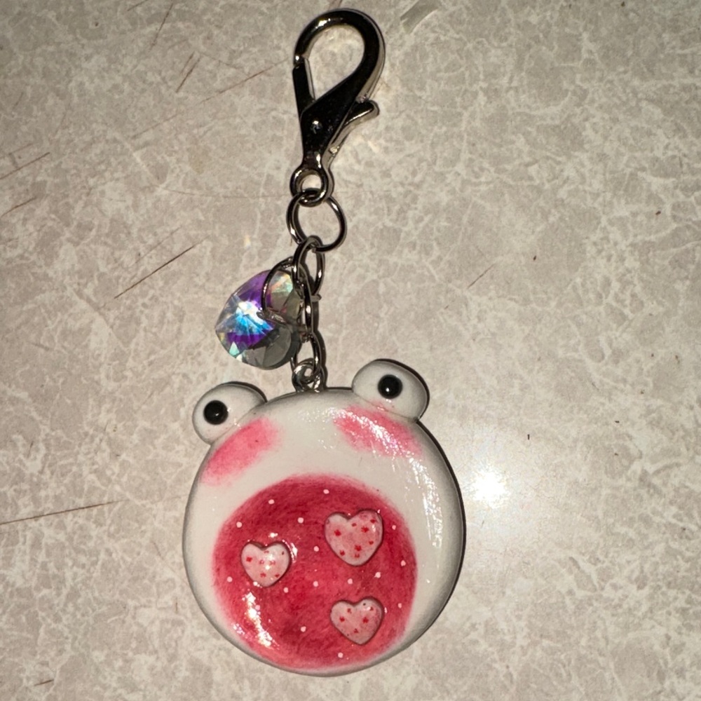 Cute Frog Face Keychain with Pink Heart Accent